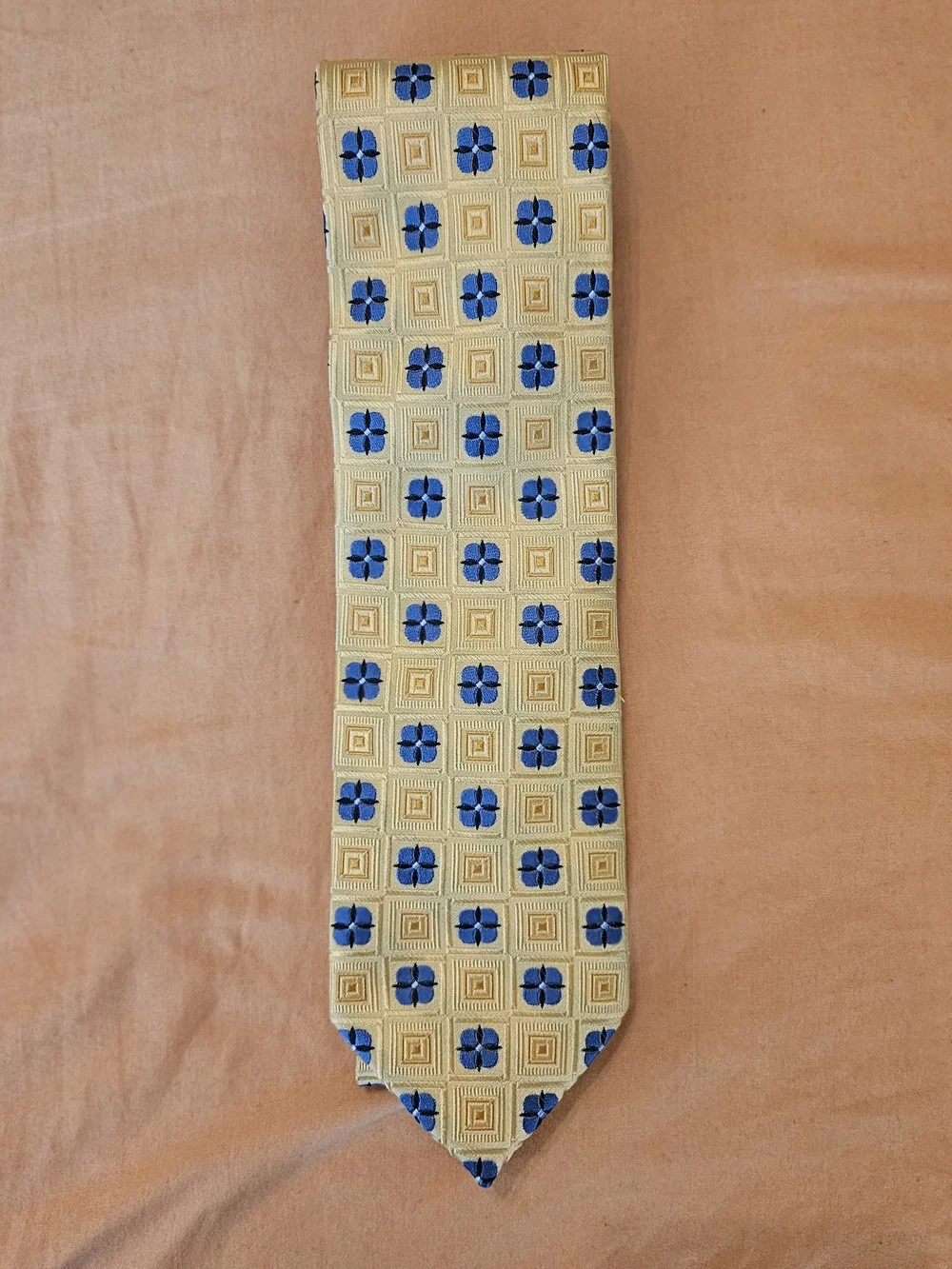 Men's Gold Patterned Silk Tie with Navy Floral Motif